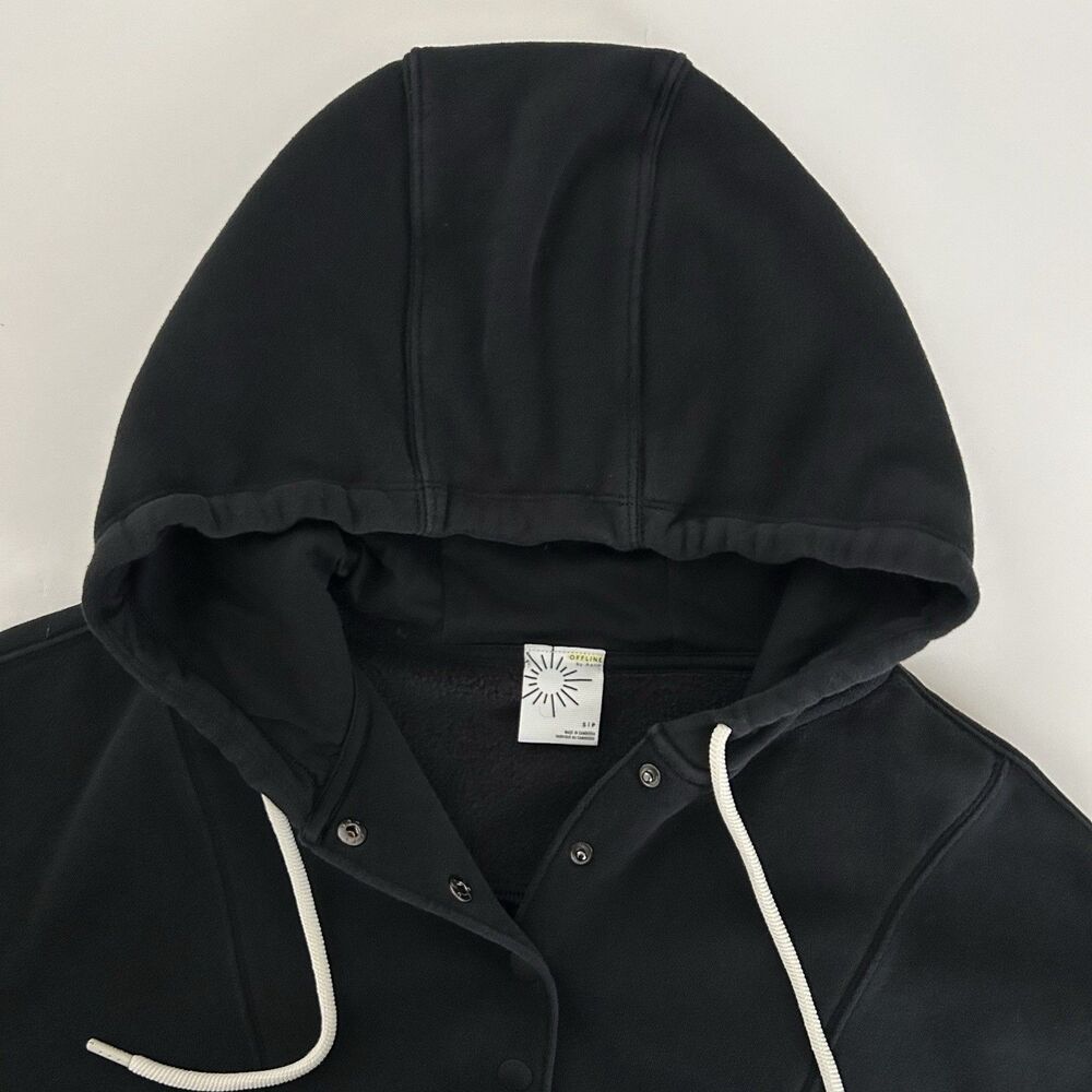 Offline By Aerie Cloud Fleece Snap Front Hoodie Womens Size S Black Oversized - Picture 6 of 10